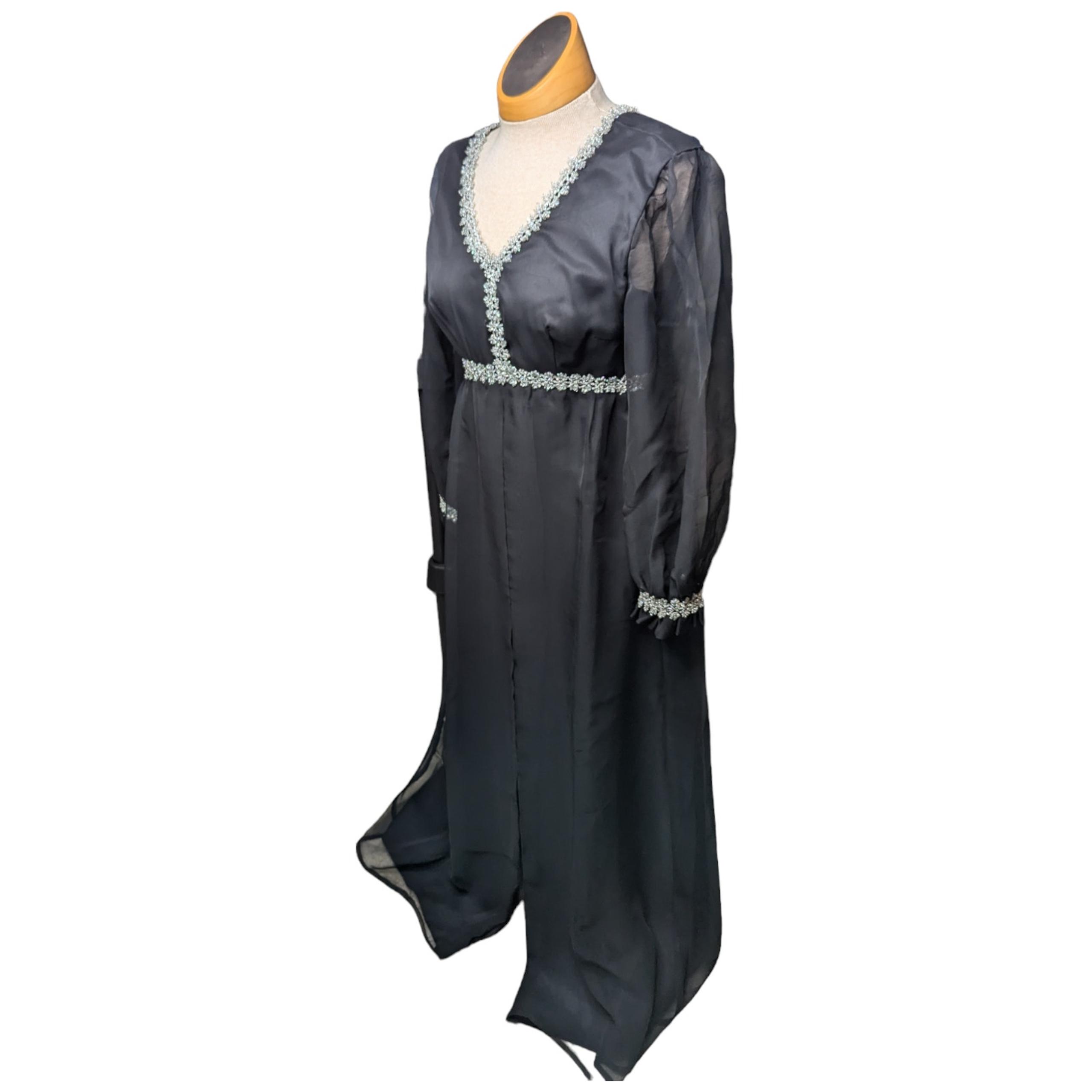 Vtg 1960s Black Layered Chiffon Silver Metallic Trim Empire Waist Maxi Dress 8