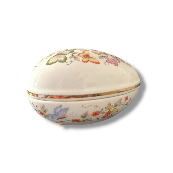 Vintage 1970’s 22k gold Avon floral butterfly egg shaped trinket jewelry box cot