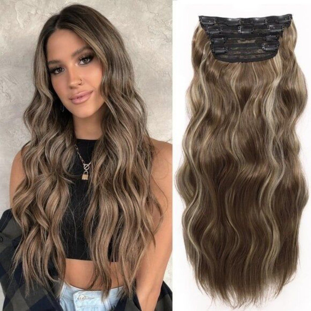 4PCS 20 Inch Wavy Curly Medium Brown & Blonde Synthetic Clip-in Hair Extensions