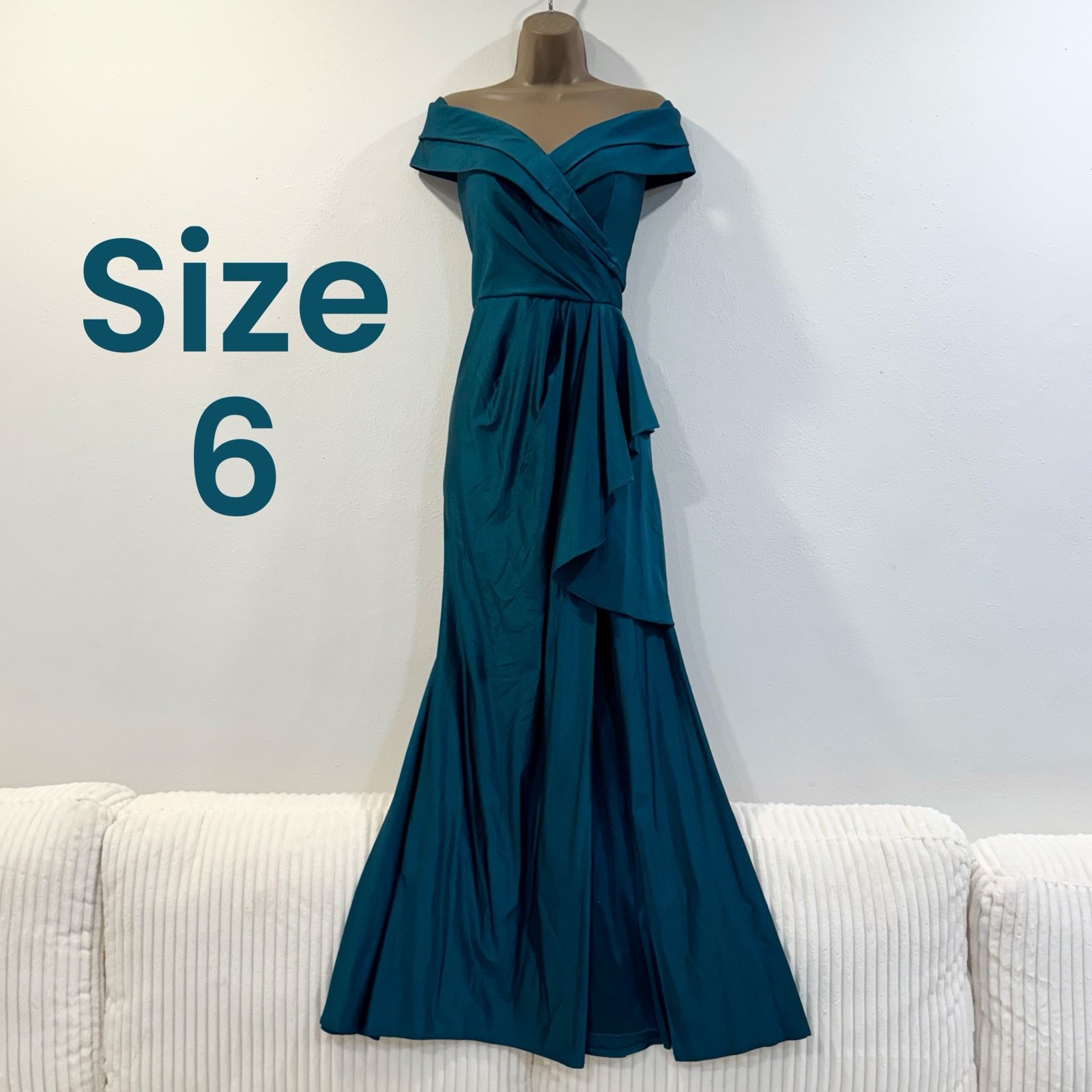 Teal off the shoulder formal prom dress with leg slit size 6