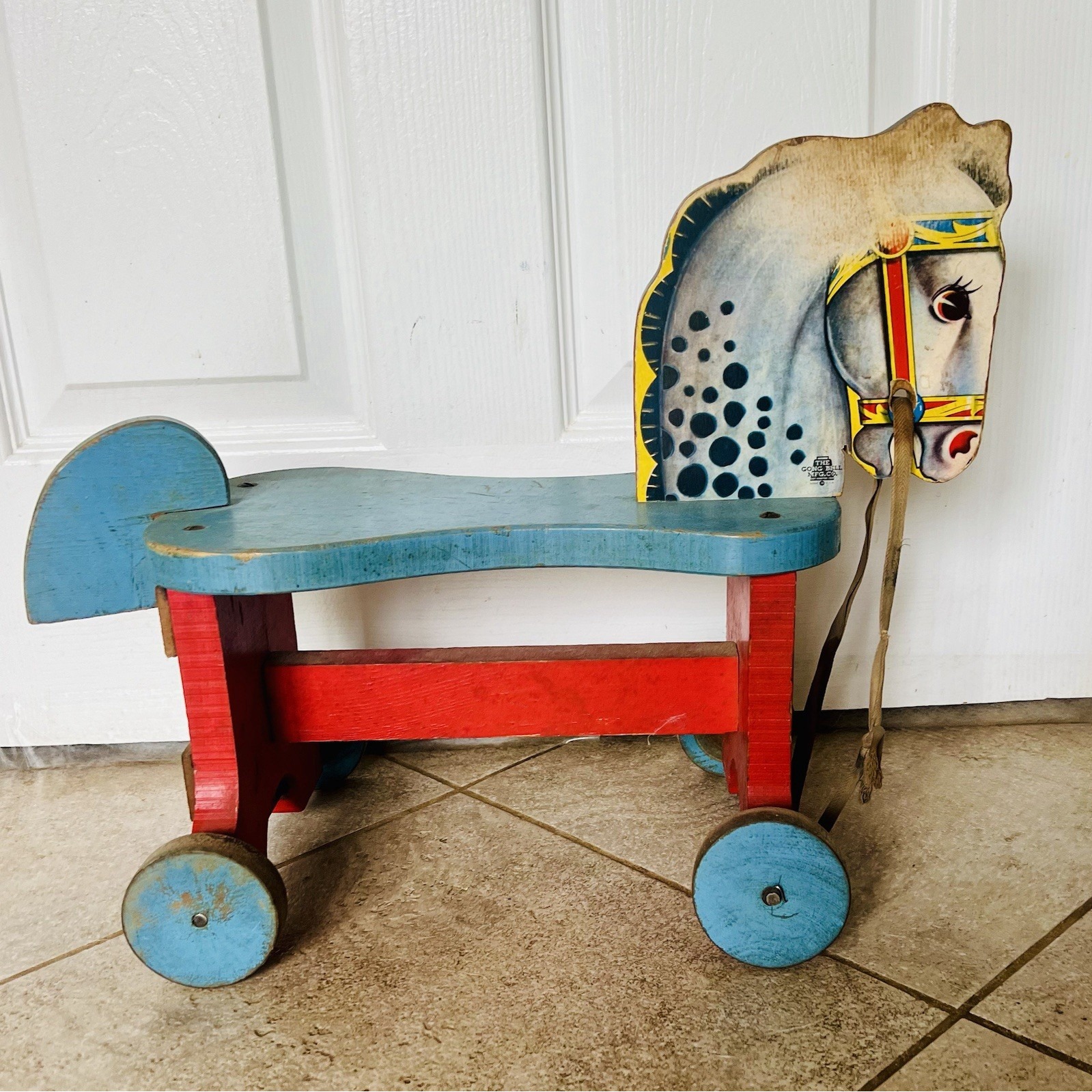 Antique Child's Riding Horse Wooden Toy Handmade Wood Wheels 1940's