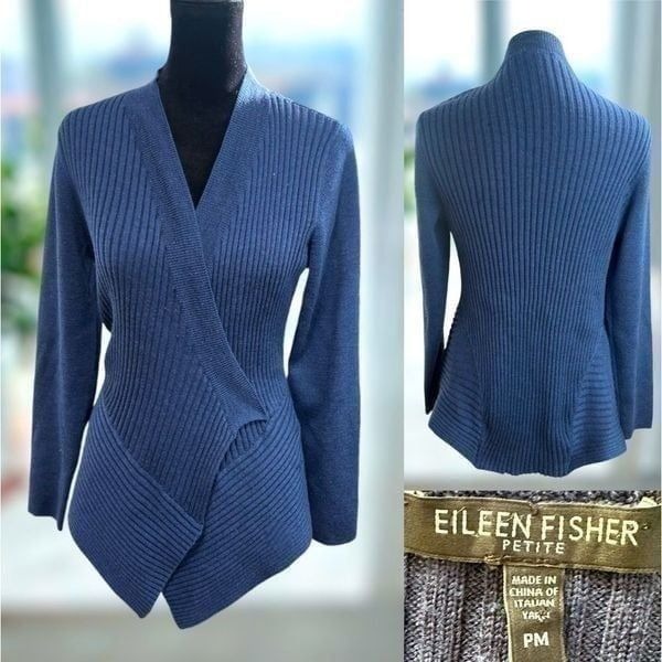 EILEEN FISHER 100% Merino Wool Wrap Ribbed Waterfall Cardigan Size M