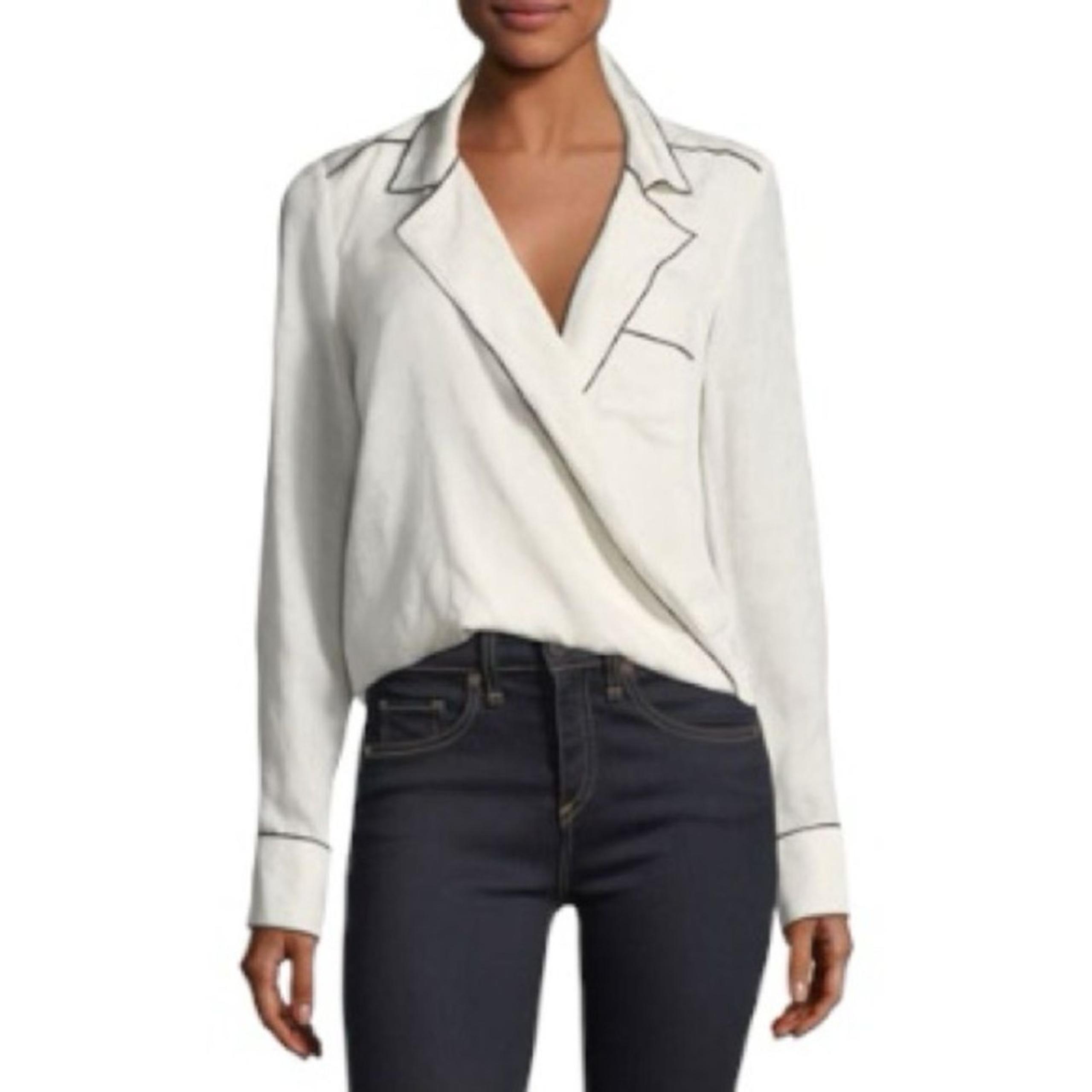 Veronica Beard Worth Surplice Wrap Long-Sleeve Ivory Silk Blouse Size 6