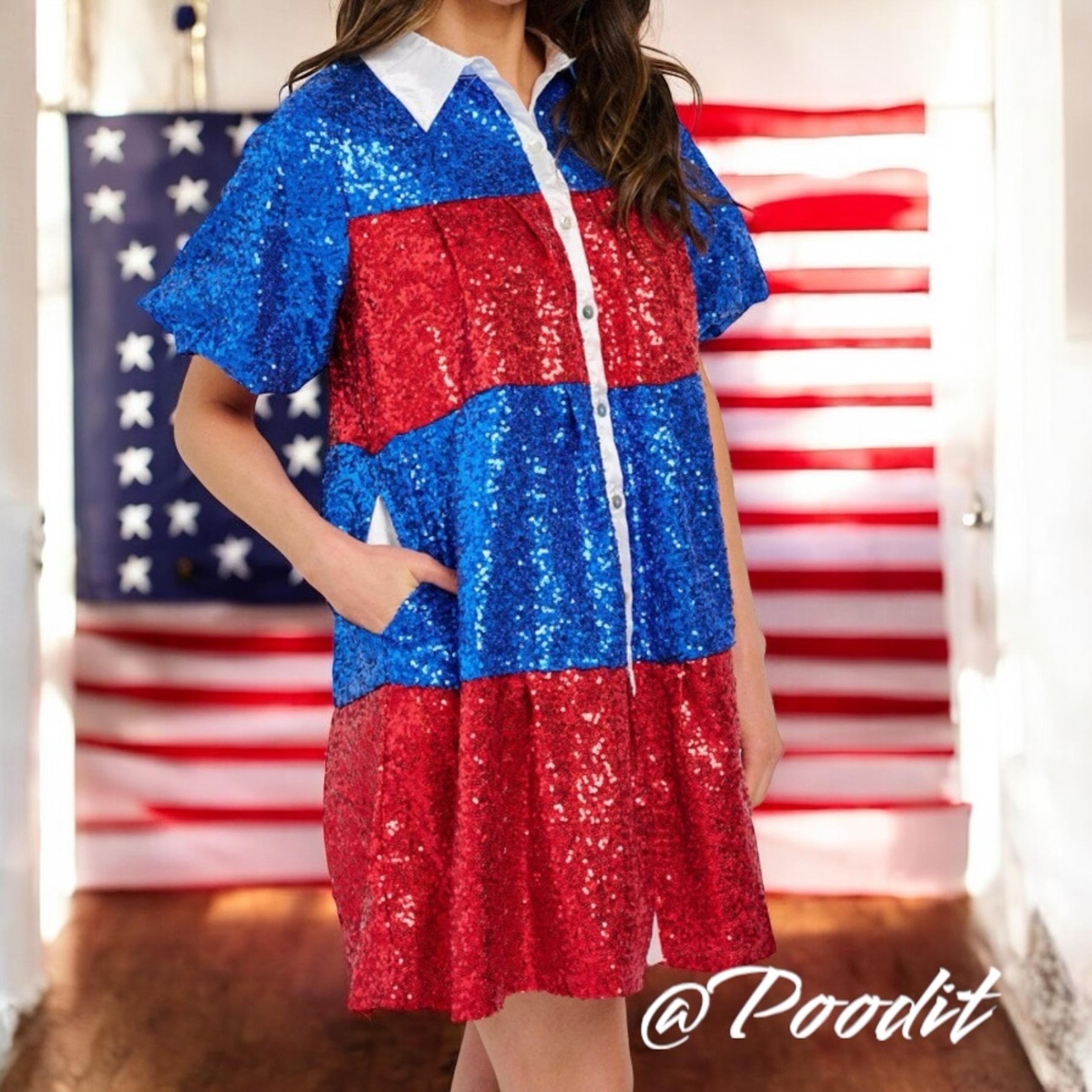 PEACH LOVE CALIFORNIA red and blue sequin patriotic mini dress sz large