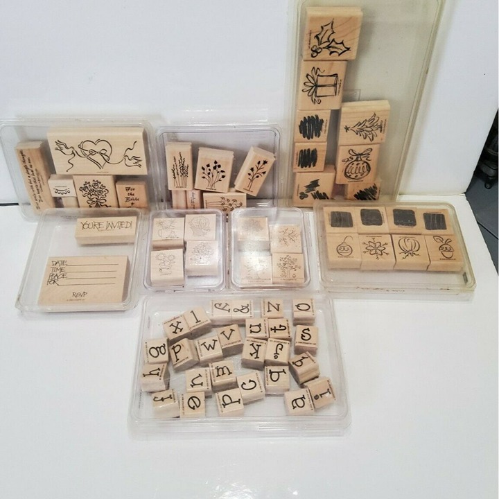 8 Lot Stampin Up Stamp Sets 90s-2000s Wood Backed Used Original Cases Complete