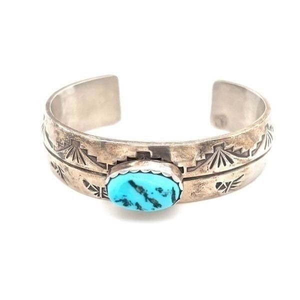 Native American Mark Yassie Sterling Silver Turquoise Cuff