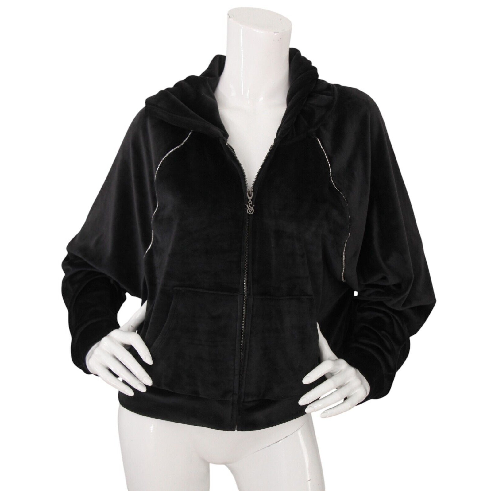 Victorias Secret On Point Black Velour Zip Jacket Size XL Rhinestone Vintage Y2K