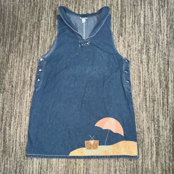 Vintage Haiks Women's 20W Plus Denim Jumper Dress Applique Beach Print Blue