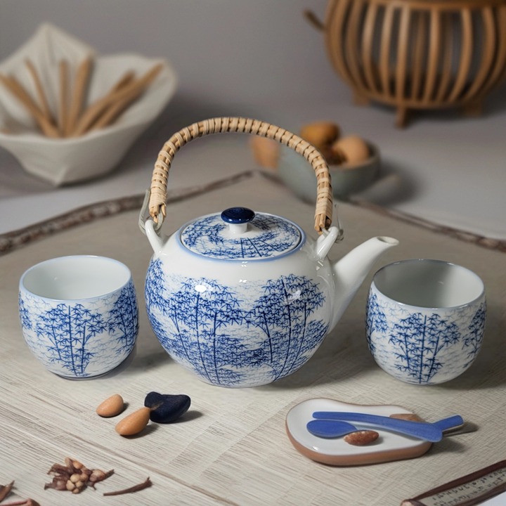 VTG Japanese Tea Set Blue And White Bamboo Scenery 3pc MCM Decor