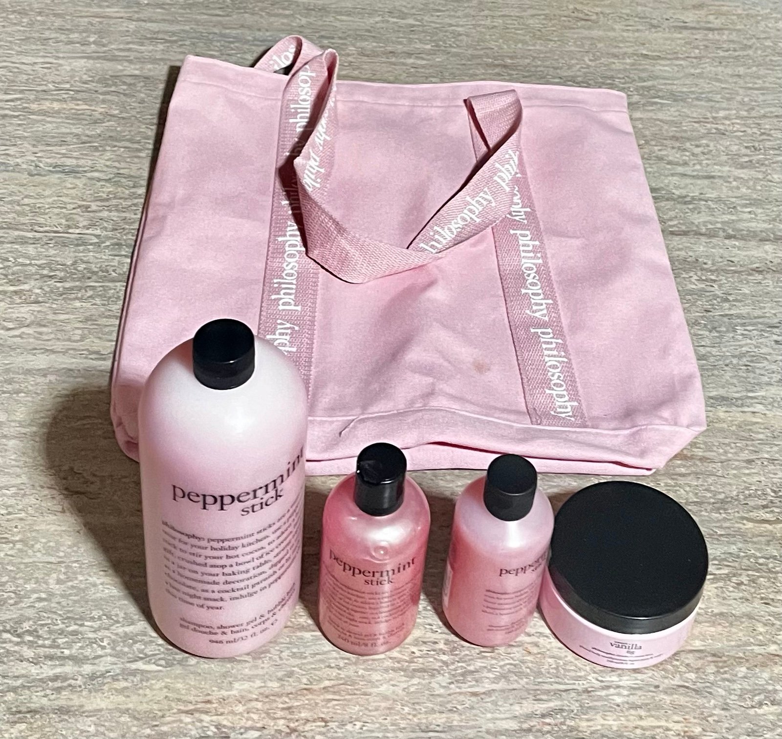5-Piece Philosophy Peppermint Stick shower gels, Sweet Vanilla Fig lotion & bag