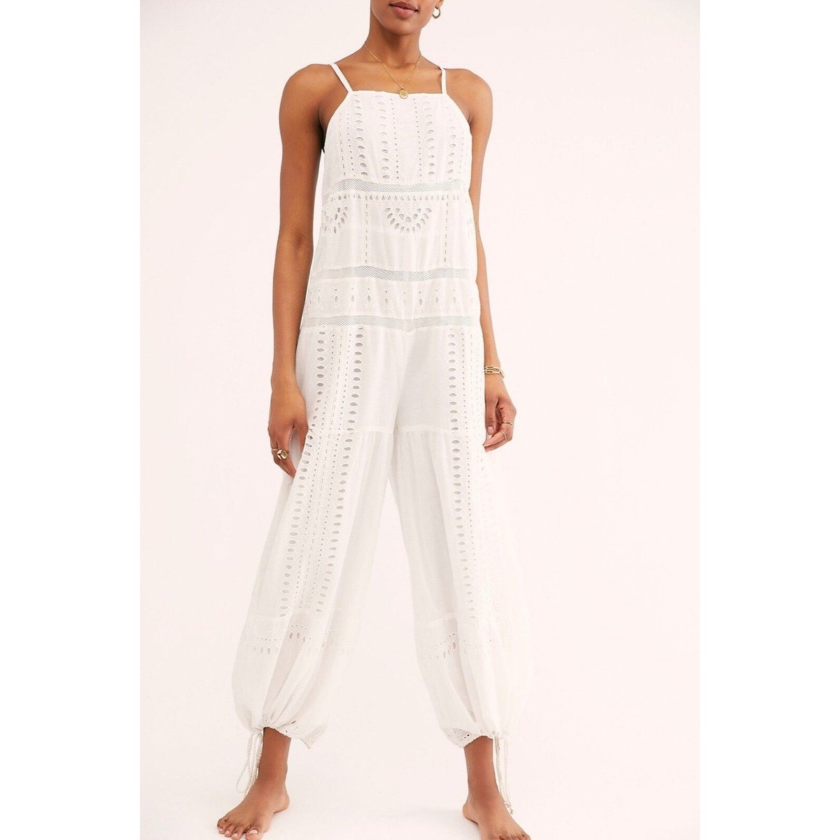 Free People Savannah Eyelet Jumpsuit Ivory White Bohemian Summer Size S