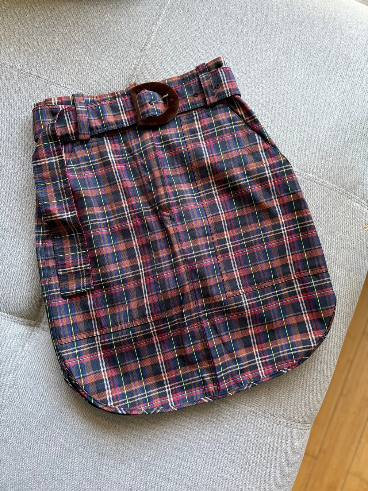 SANDRO BROWN CHECK BELTED SKIRT