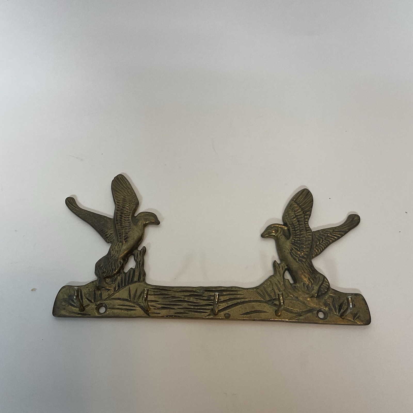 Vintage Solid Brass 2 Two Eagles /Birds KEY HOLDER 5 Hooks Nice Condition  7"