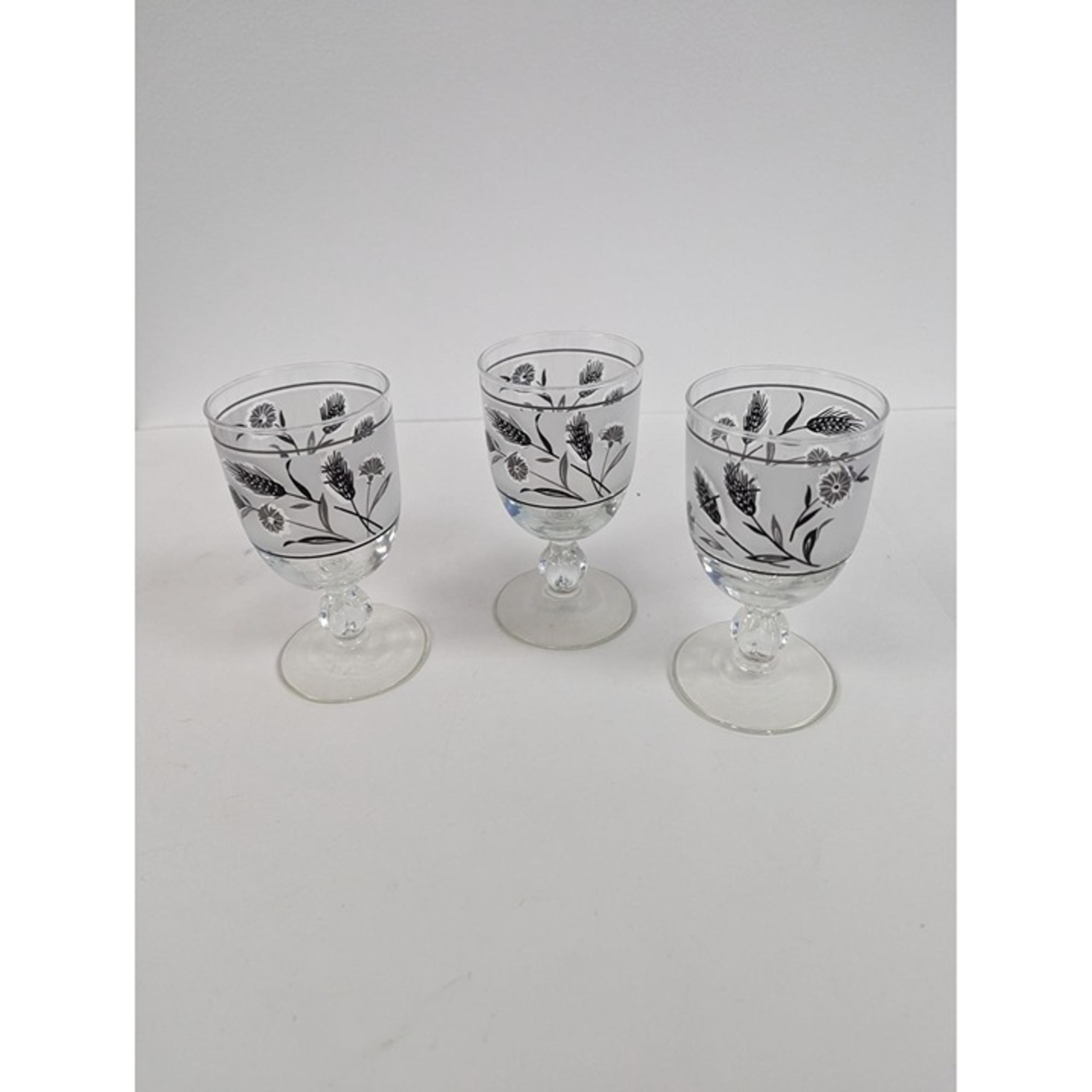Set 3 Vintage Libbey Silver Wheat Frosted Glasses 5 1/2" by 2 7/8" Footed Stem