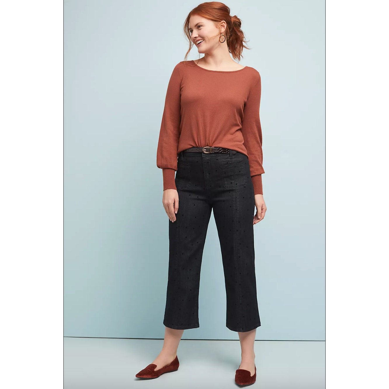 Anthropologie Pilcro Cropped Wide-Leg Jeans Grey Black Polka Dot Size 29