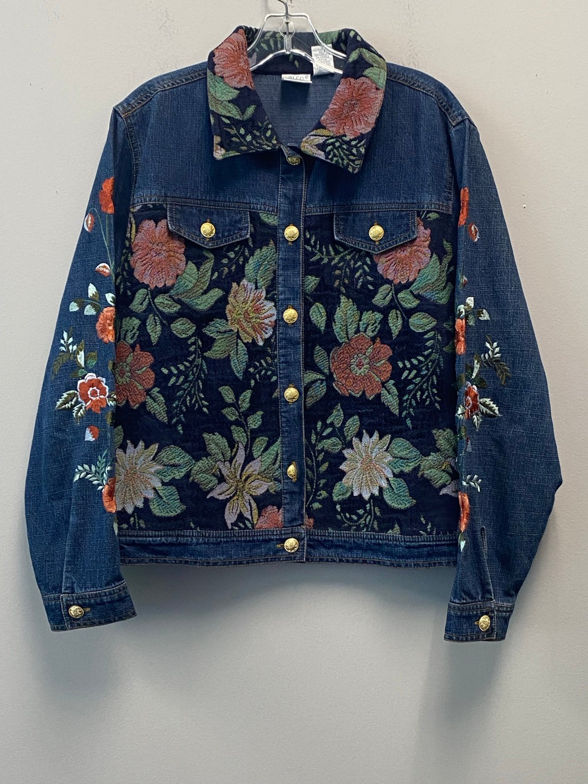 Vintage Bleu Bayou Jean Jacket with Floral Design—Large