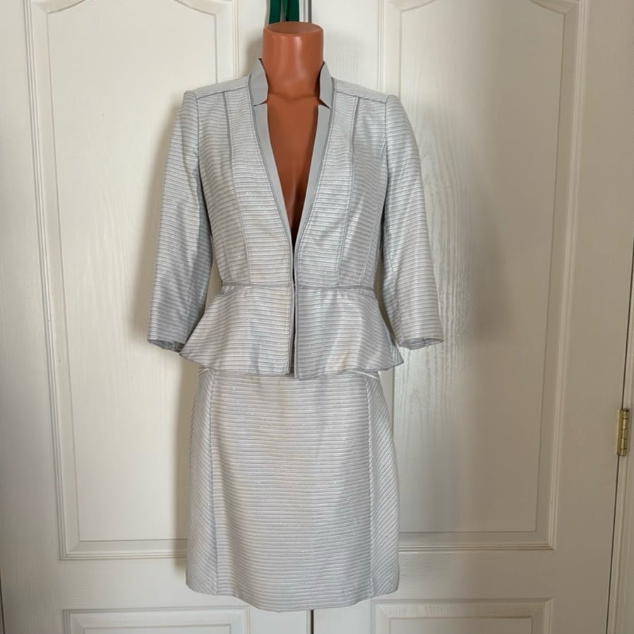 WHBM 2p Blazer Jacket Skirt Suit Set Gray White Metallic 4 4P NWT 220