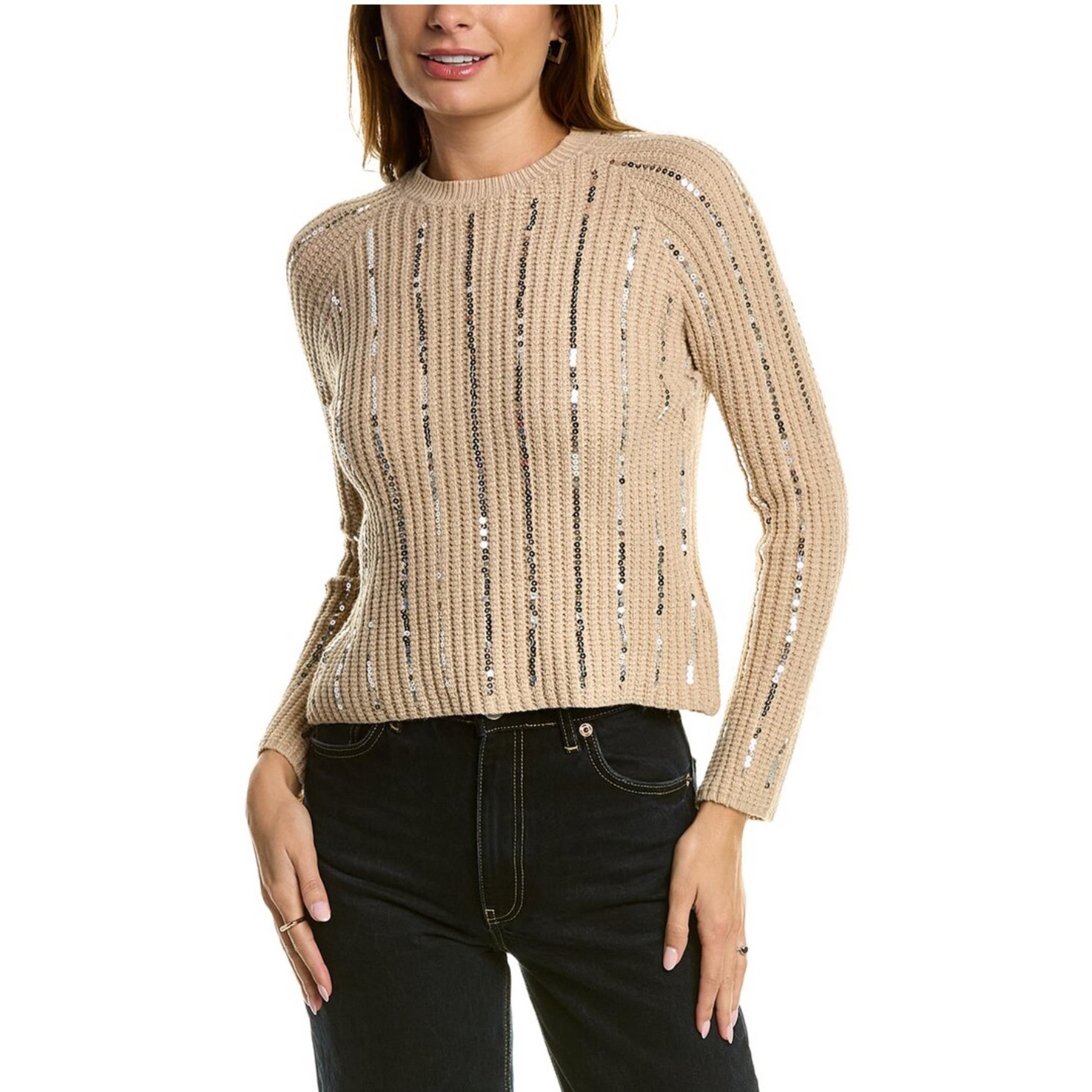 Nanette Lepore | Women's Brown Sequin Holiday Knit Crewneck Sweater Sz L