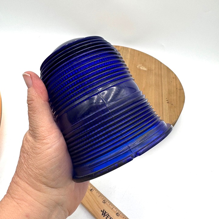 Vintage Cobalt Blue Fresnel Glass Lens With Domed Top & Ribbed Design Airport R