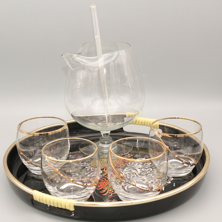 Vintage Toyo Japan Glassware Set With Gold Accents & Lacquer Floral Serving Tray