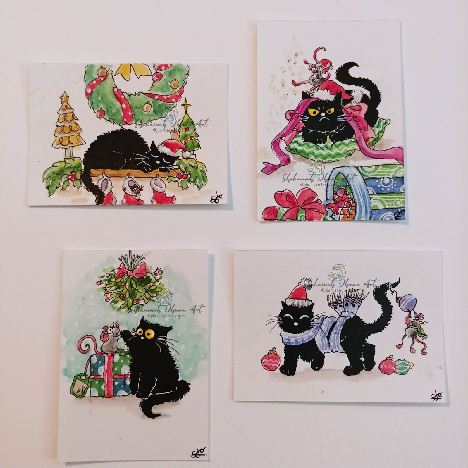 4 pc (set G) ORIGINAL cat CHRISTMAS ACEO