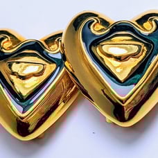 Fabulous 1990's Deep Green Enamel and Gold Toned Escada Clip-On Heart Earrings