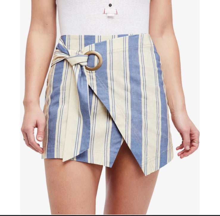 Free people Linen blue canvas combo Striped Wrap Skirt w Ring Detail NWT