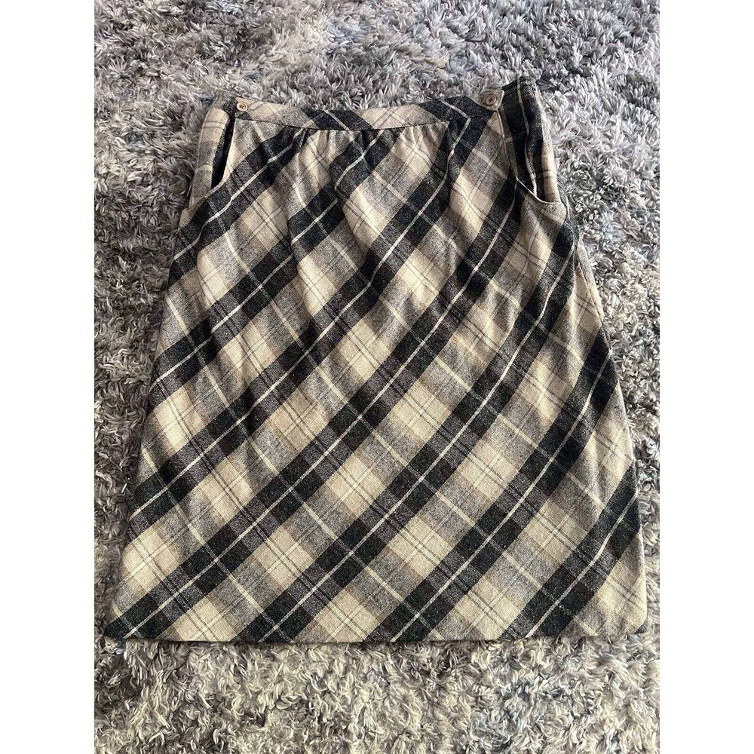 Vintage Side Step Plaid Skirt Sz 17/18 Beige Black Wool Blend