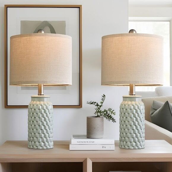 New Set of 2 Green 20.5Inch Ceramic Bedside or Table Lamp for Home Decor