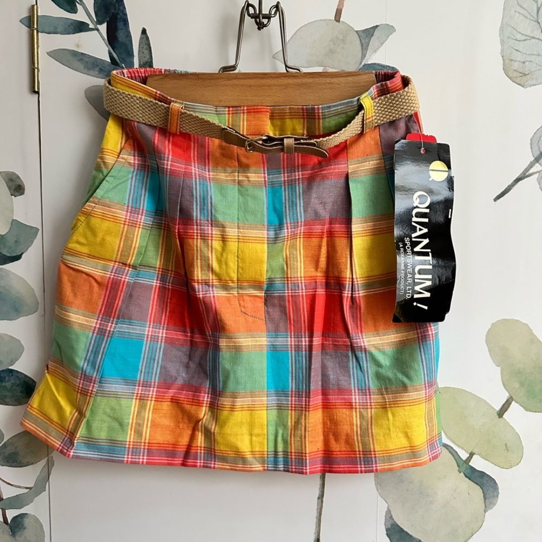 Vintage Quantum Sportswear Ltd. Kids plaid skirt, cotton and leather webbed belt