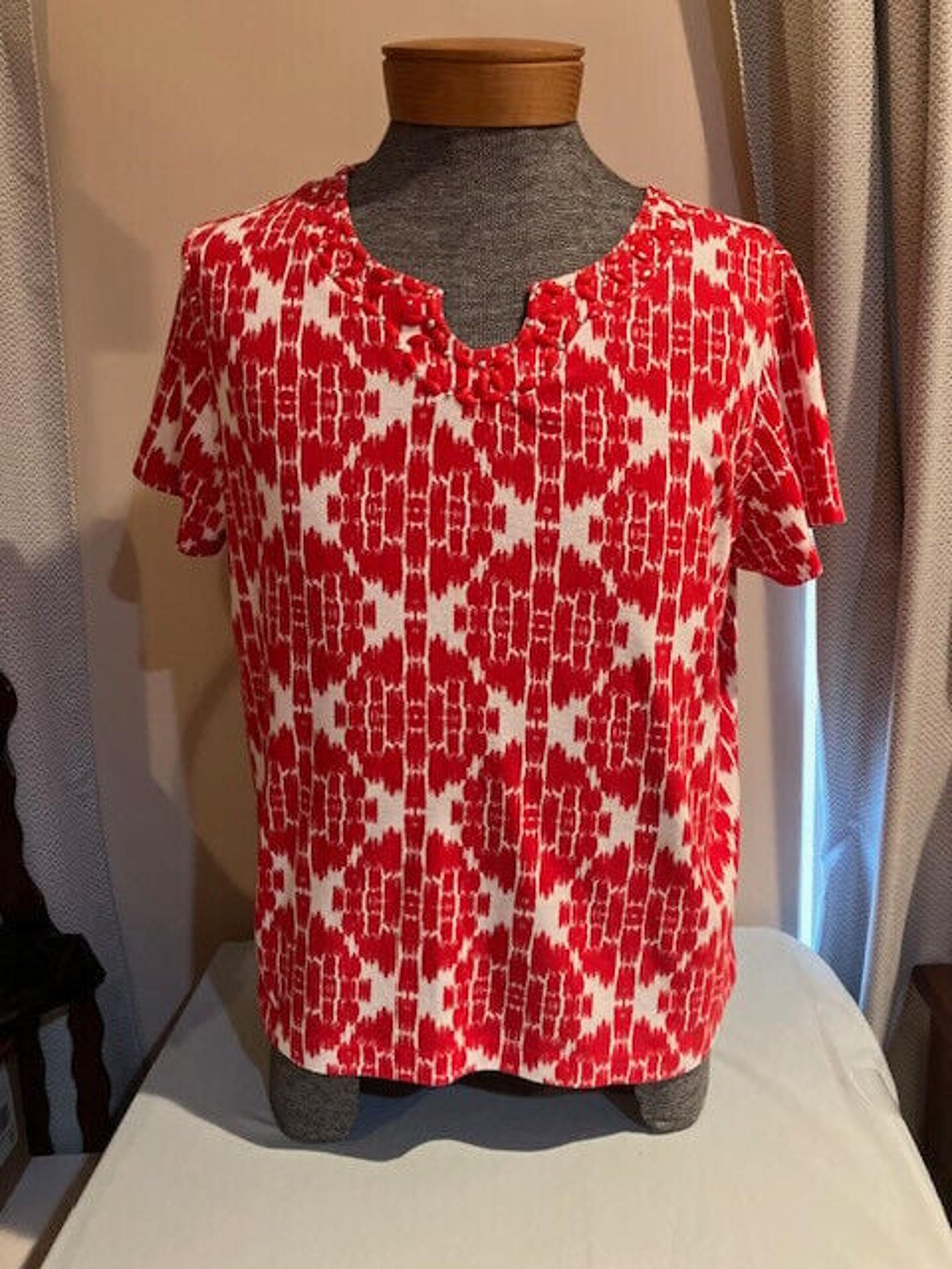 Rebecca Malone Pullover Women's Blouse Red & White Petite XL Short Sleeves
