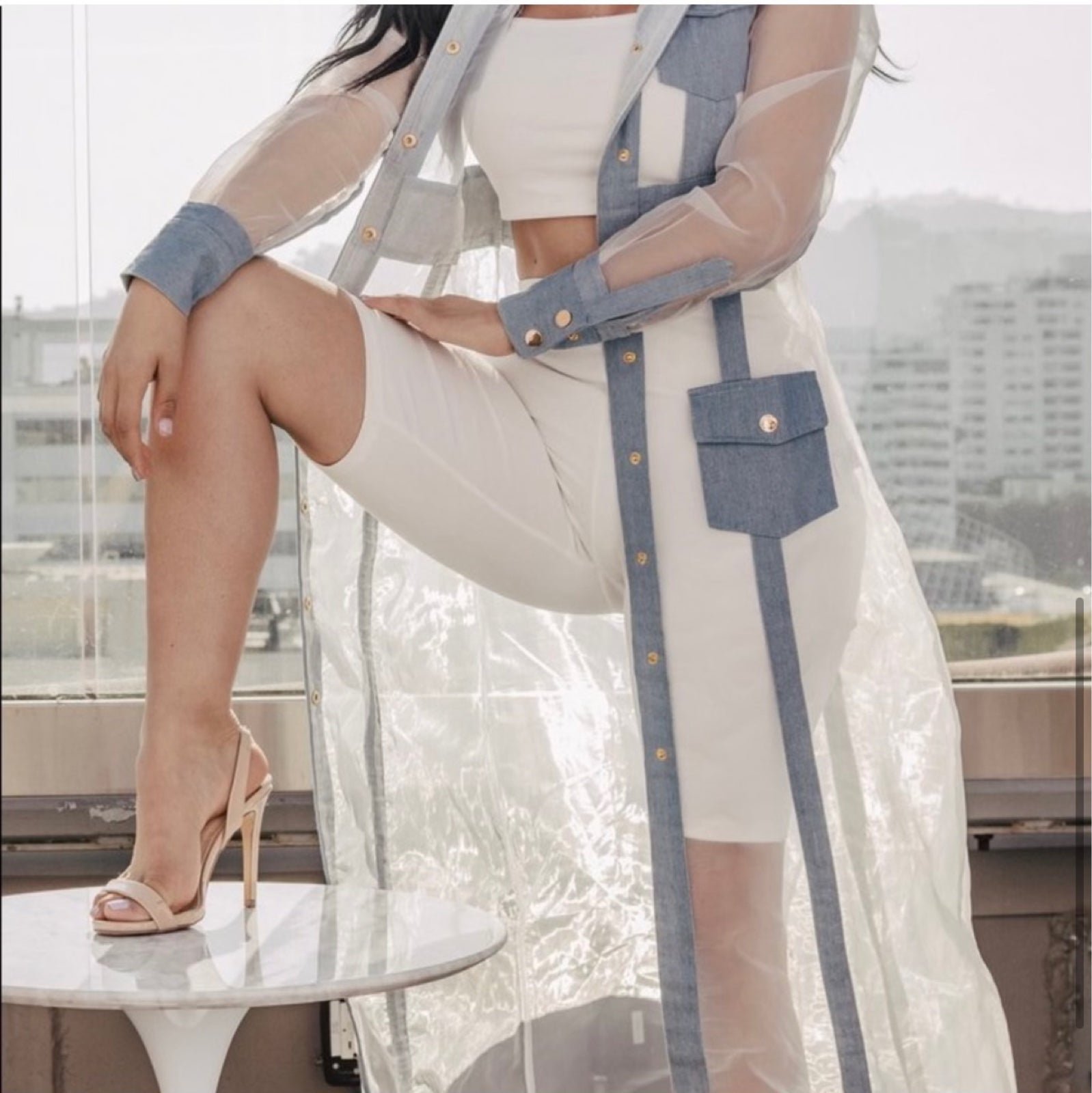 FashionNova Mesh and Denim Long Sleek and Sexy Trench Coat