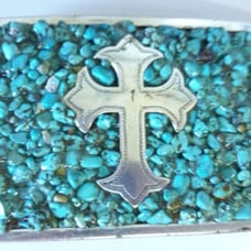 BELT BUCKLE NOCONA TURQOUISE SILVERTONE CROSS