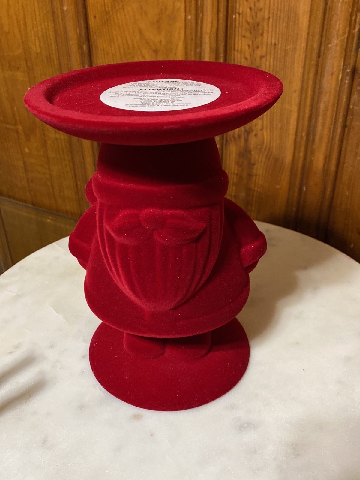 Bath & Body Works Red Flocked Santa Gnome Pedestal for 3 Wick Candle NWT