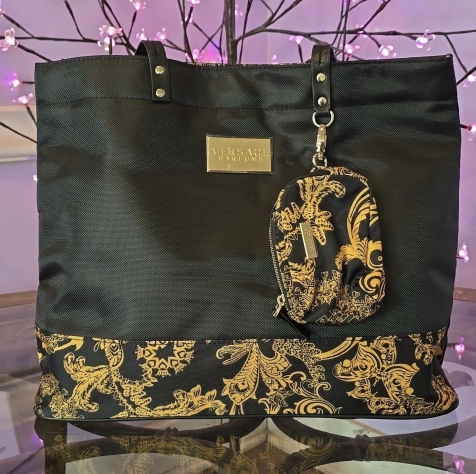 NWOT Versace Parfums Black and Gold Weekender Tote with Coinbag