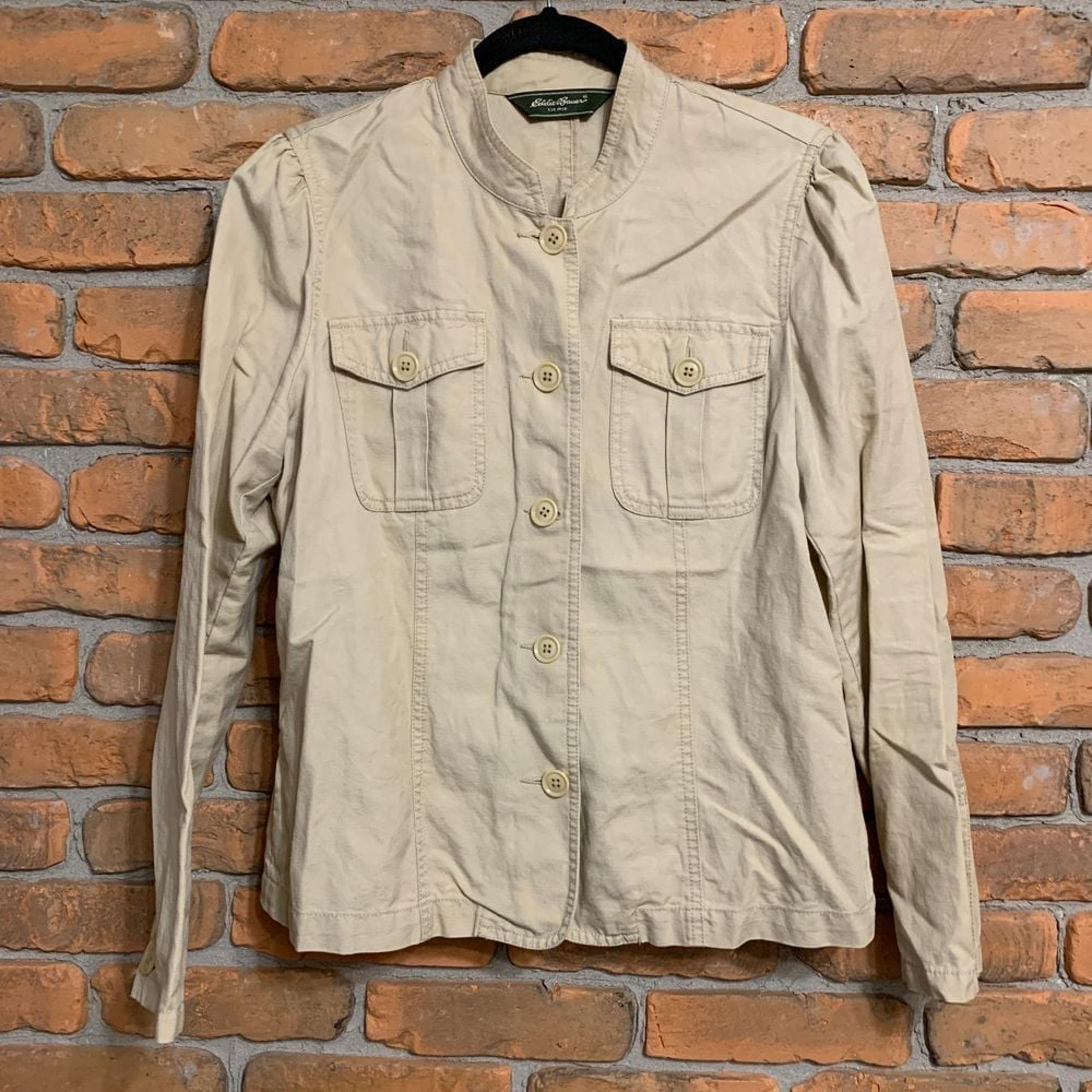 Eddie Bauer Jacket Women's Size 12 Petite Tan Cotton Linen Blend Military Style