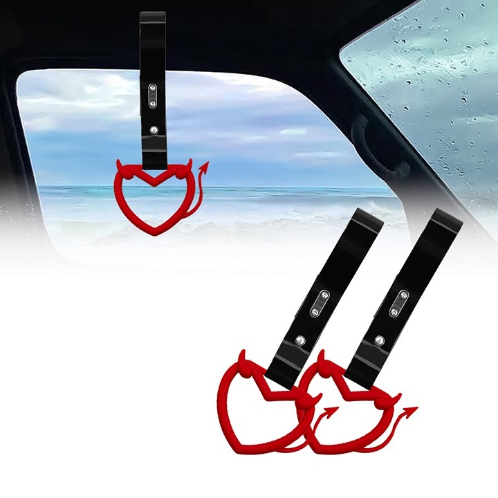 BRAND NEW 2PCS DEVIL LOVE HEART RED JDM TSURIKAWA RING Black Handle Strap Drift
