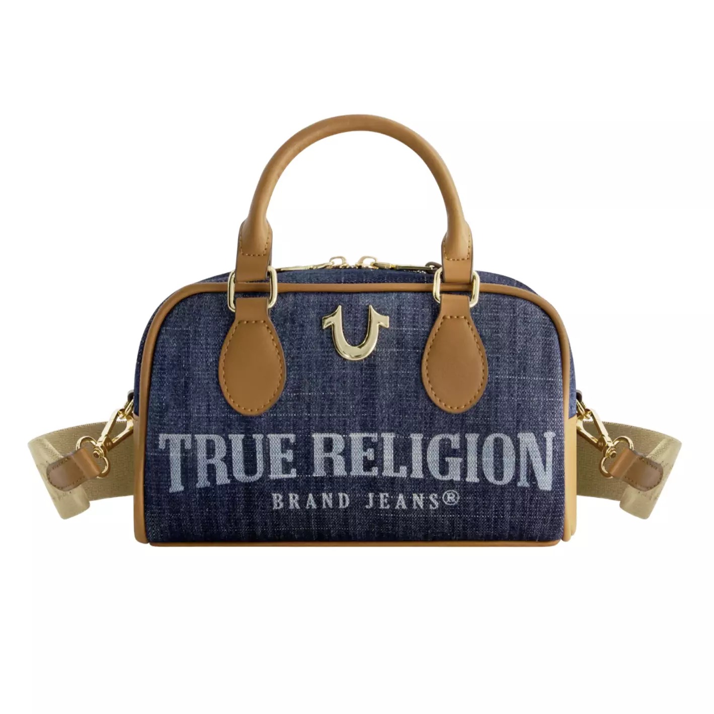 NWT Original TRUE RELIGION Denim Logo Mini Satchel Crossbody Bag Blue Brown