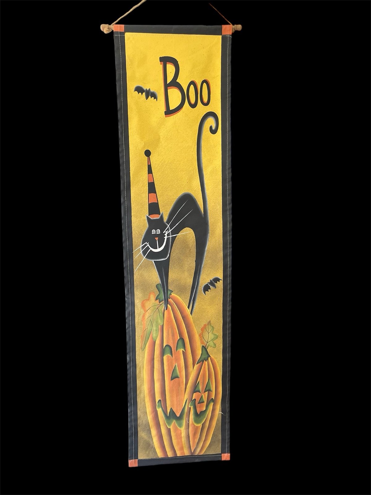 Vintage Pottery Barn Canvas Boo Haunting Halloween Hang Bat Black Cat Pumpkins 6