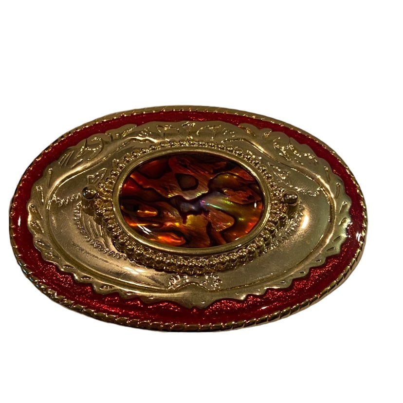 Vintage Red Gold Ornate Design Belt Buckle Made In USA Oval Leopard Print Style
