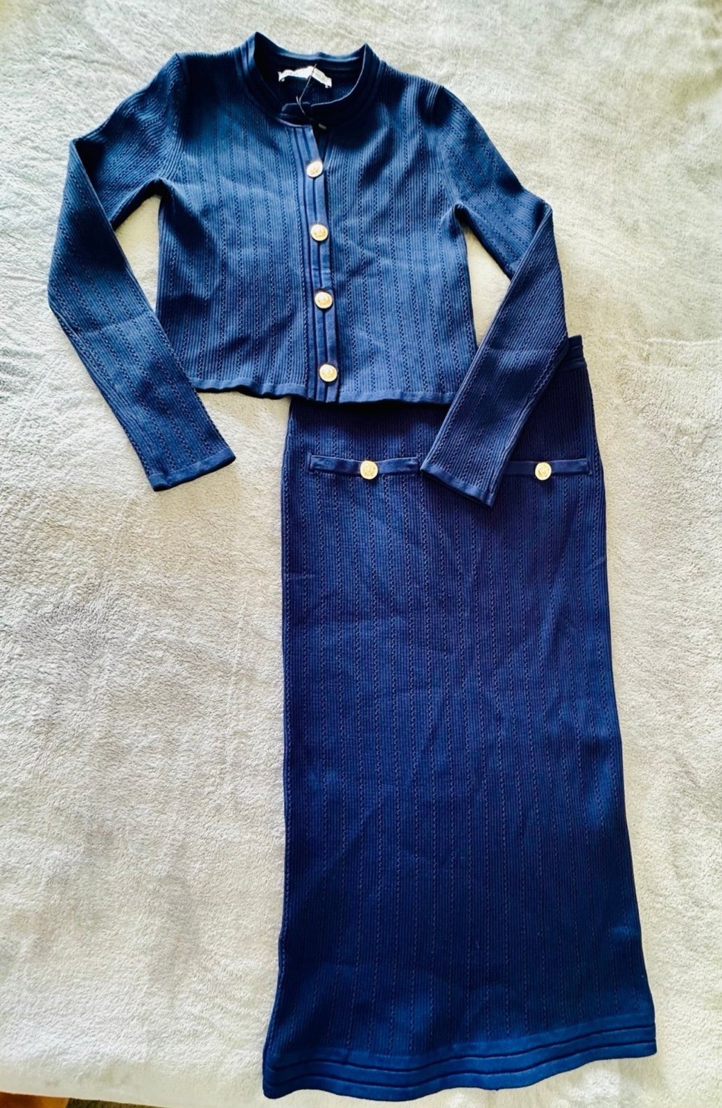 Zara Womens Navy Blue Textured Crew Neck Cardigan Sweater Skirt Set Size M S