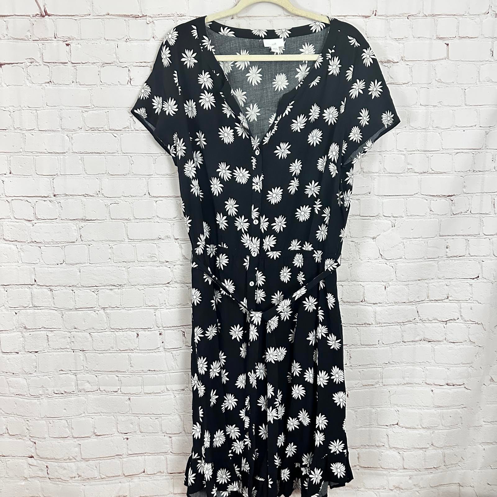 J. Jill Black Floral Print Short Sleeve Midi Dress Women's Size L Tie Waist