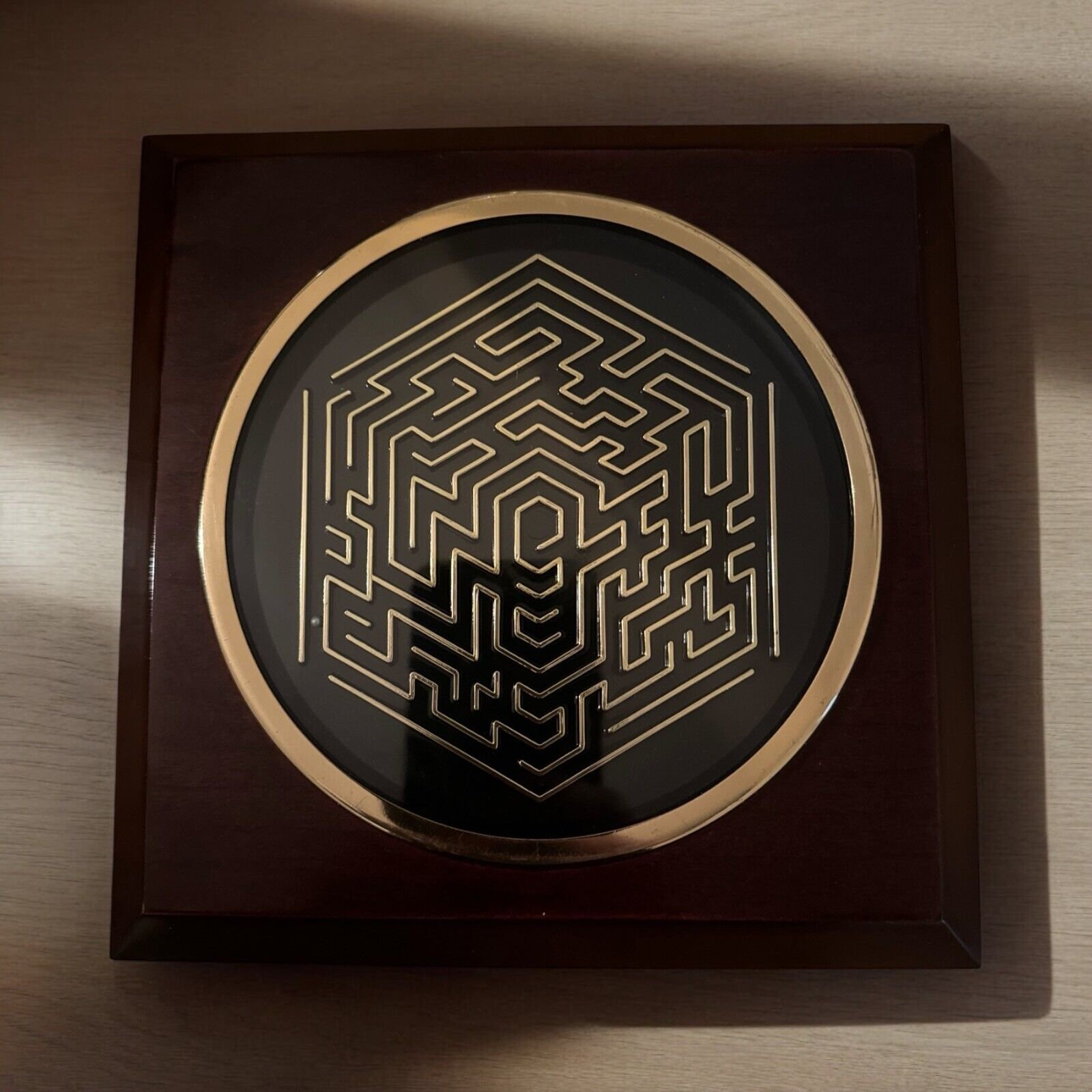 Mid Modern Century Dark Wood Gold Brass Solid Wood Cube Flat Maze Taiwan
