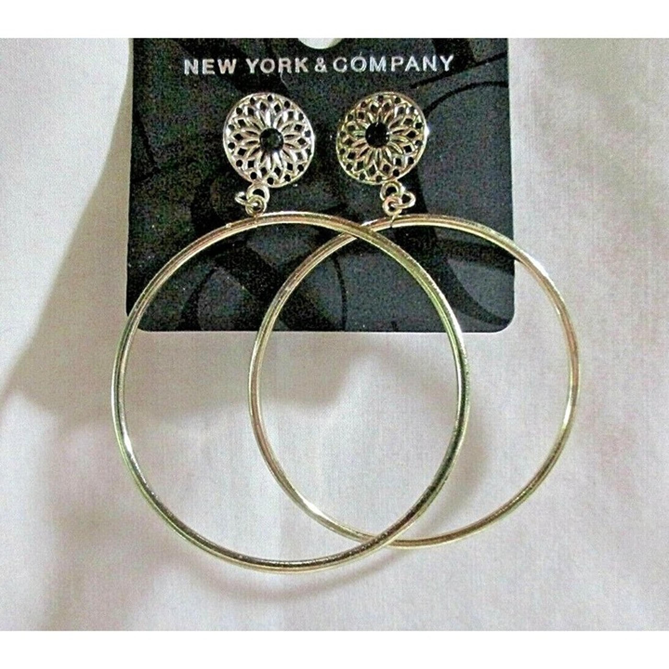 New York & Company Goldtone  2"Hoops + 1" Drop Pierced Earrings Black Rhinestone