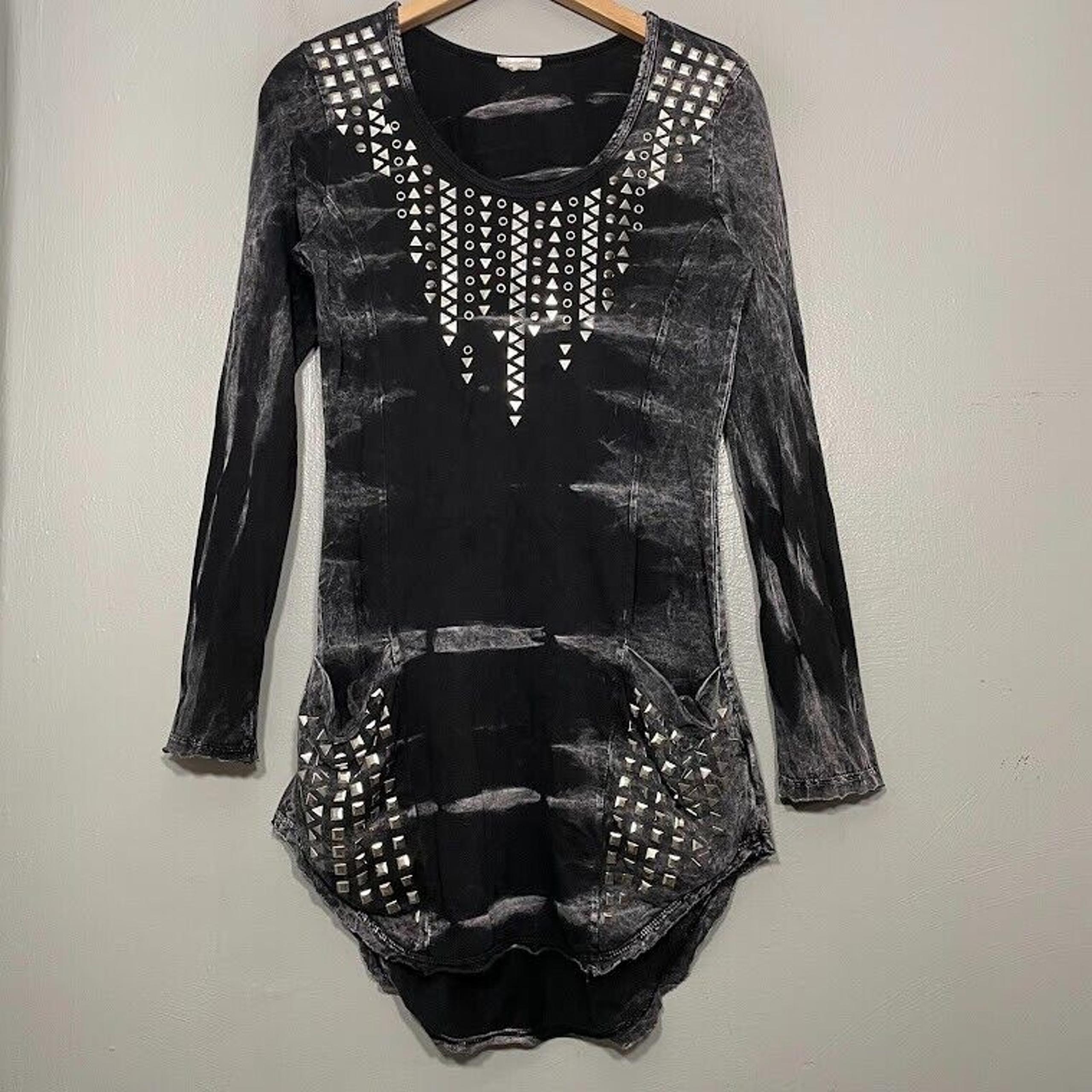 Vocal Womens Size Small Black Tie Dye Silver Studded Tunic Tee Top Emo Moto Edgy