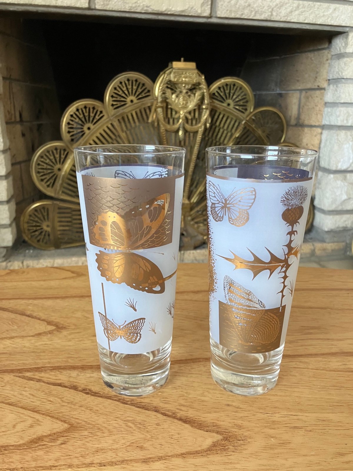 MCM Mid-Century 22-Karat Gold Butterfly Thistle Tall Collins Glass x2
