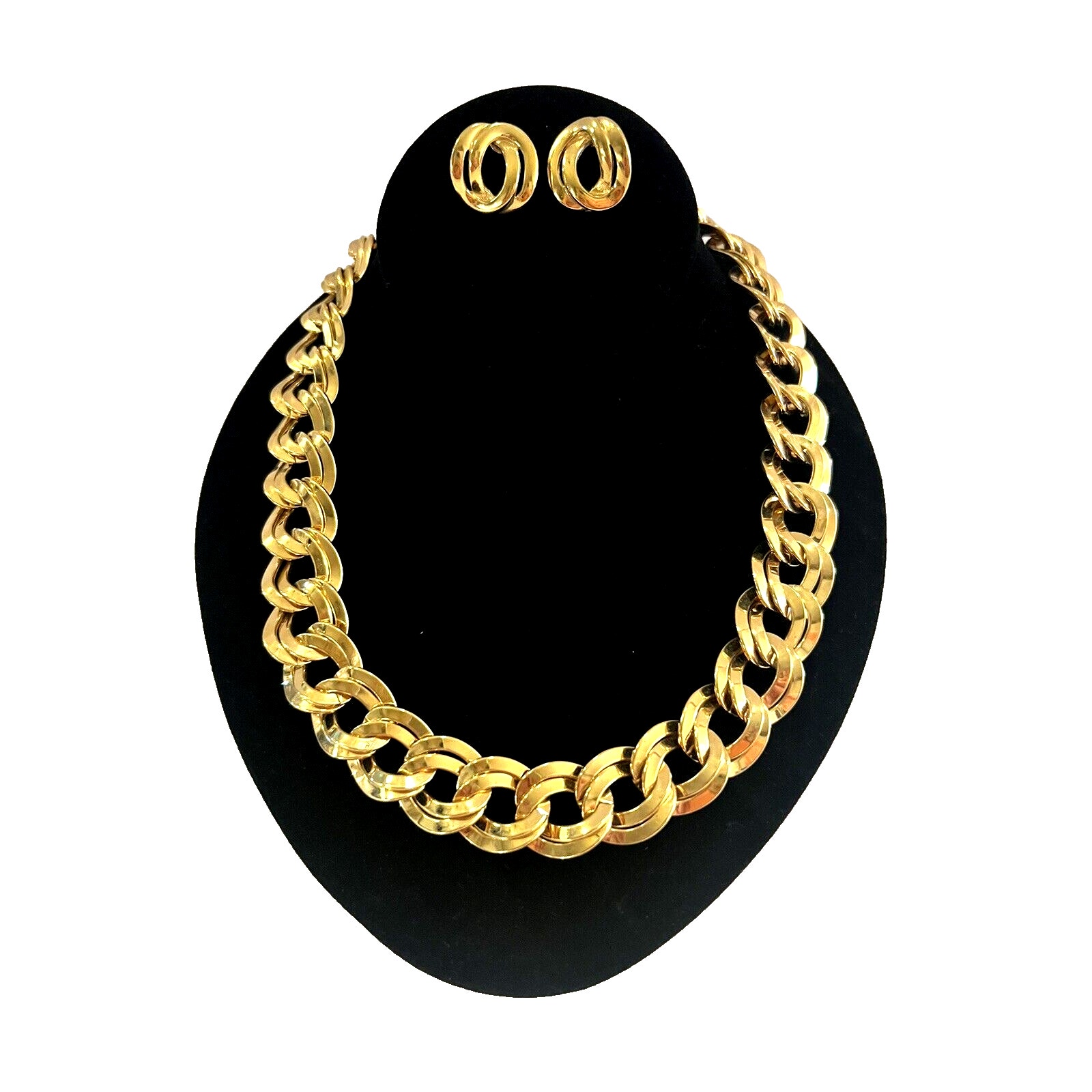 Vintage MONET Cuban Curb Double Chain Heavy Chunky Necklace & Earrings SET