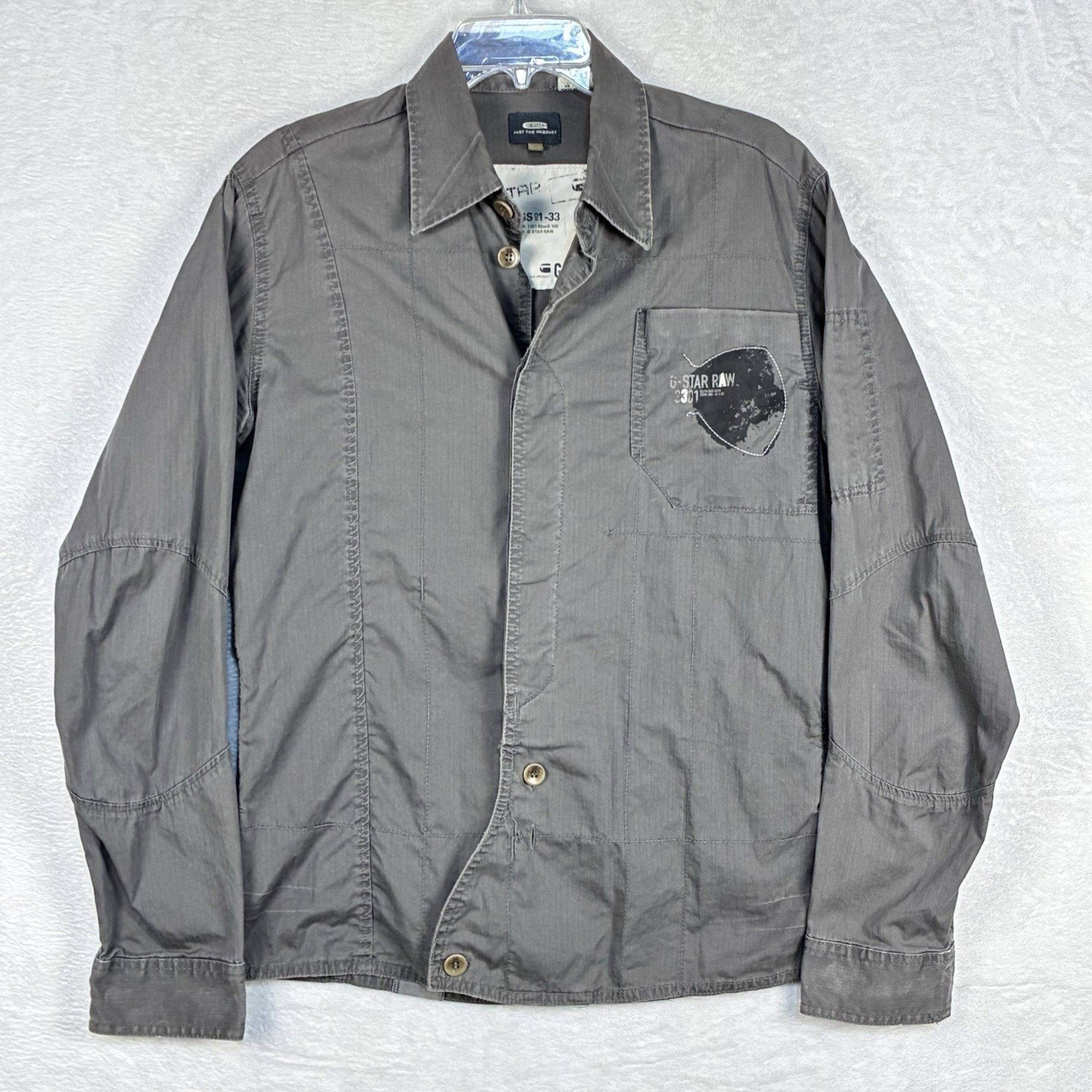 VTG G-Star Raw Mens L Gray Y2K Military Button Up Distressed Utility Zip Shirt