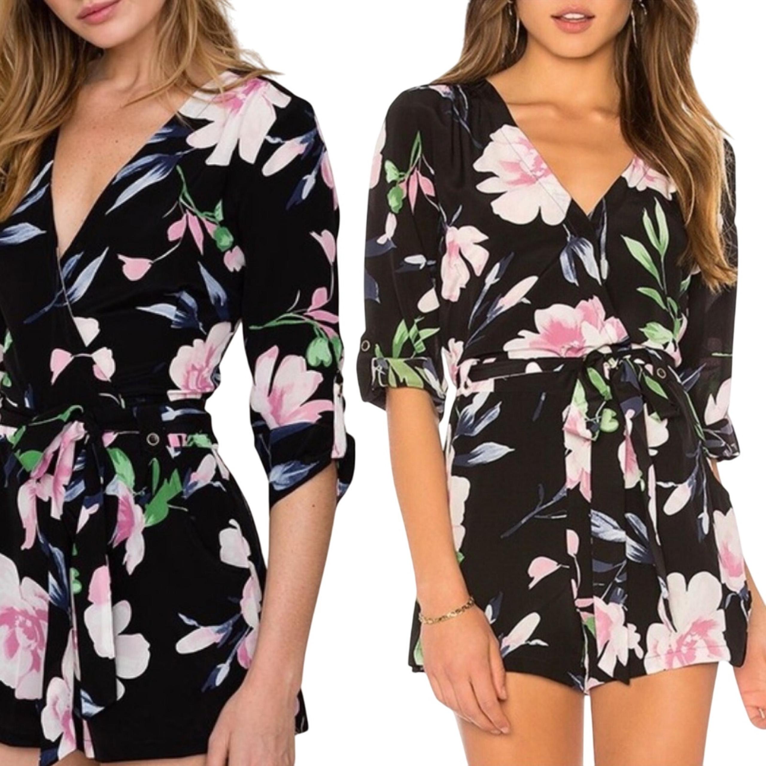 Yumi Kim Liz Silk Romper Floral Print Faux Wrap V Neck 3/4 Sleeve Black Pink S