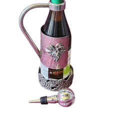 Wine Bottle Holder with handle and glass and metal Stopper Grape Motif